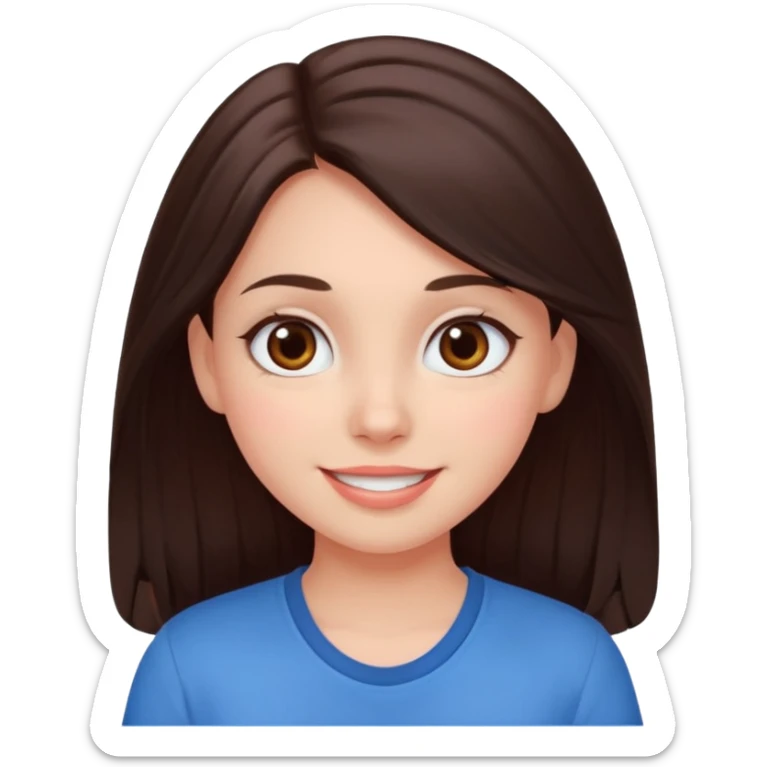 An emoji ios 18 featuring a girl with dark brown long hair, brown big eyes, light pinkish skin, red cheeks,  sticker