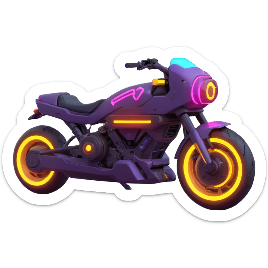 cyberpunk 2077 motorcycle with glowing wheels and neon accents, 3D emoji style sticker