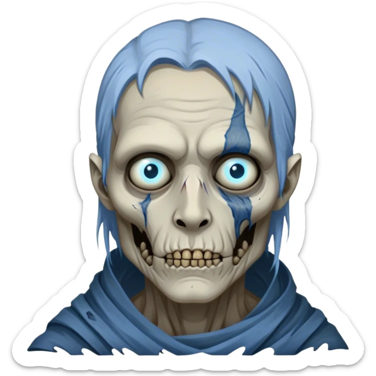 Cinematic Realistic WoW undead civilian Portrait, depicted with decayed yet noble features, his weathered, pallid skin etched with ghostly blue veins and ancient scars. Clad in modest, tattered attire in muted browns and greys that remain consistently rugged, his hollow eyes burn with determined defiance. Rendered with lifelike texture and dramatic natural lighting, high shine, noble and resilient, capturing the stoic spirit of an undead veteran of Azeroth. sticker