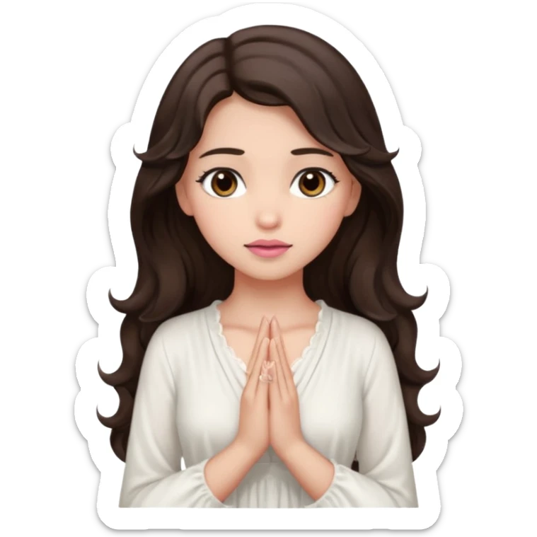 girl with wavy long glamorous dark brown hair, brown eyes, light to medium complexion, long lashes, light pink lipstick, praying sticker