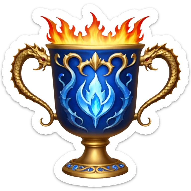 The Goblet of Fire is a large, ornate cup made of burnished gold with intricate carvings and handles shaped like fiery dragons. It's enchanted to select the champions for the Triwizard Tournament by emitting blue flames and magically presenting their name sticker