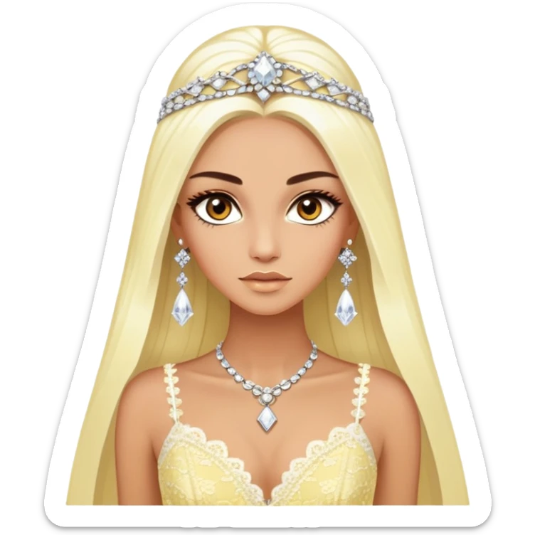 enchantress goddess with brown eyes and tanned skin and super long straight platinum blonde hair wearing a embellished light yellow and white lace gown and diamond chanel earrings sticker