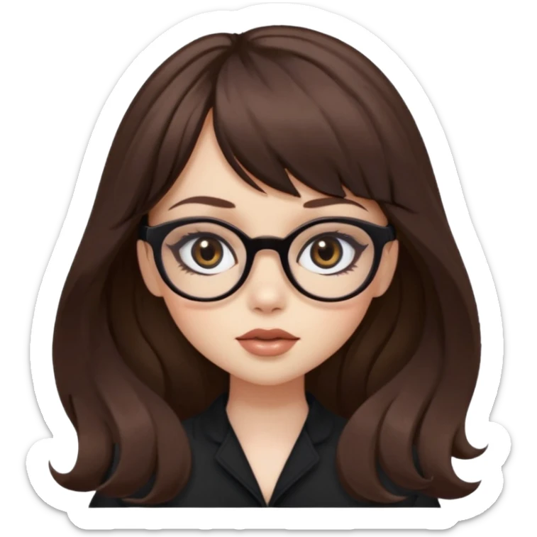 wavy brown long bangs hair, pale skin, dark black iris, pretty bratz baddie, strong black eyeliner, glasses sticker