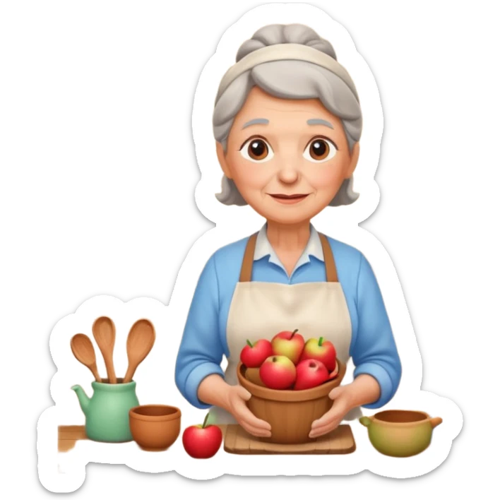 cartoon Apple iOS emoji style rural elderly woman, pastel colors, Chilean wooden kitchen background, clay pots, warm light, detailed and clean vector art sticker