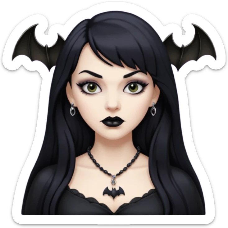 vampira mulher branca com cabelo preto longo com franja na testa, sobrancelha grossa e lábios com batom preto com colar preto e pingente de morcego preto sticker