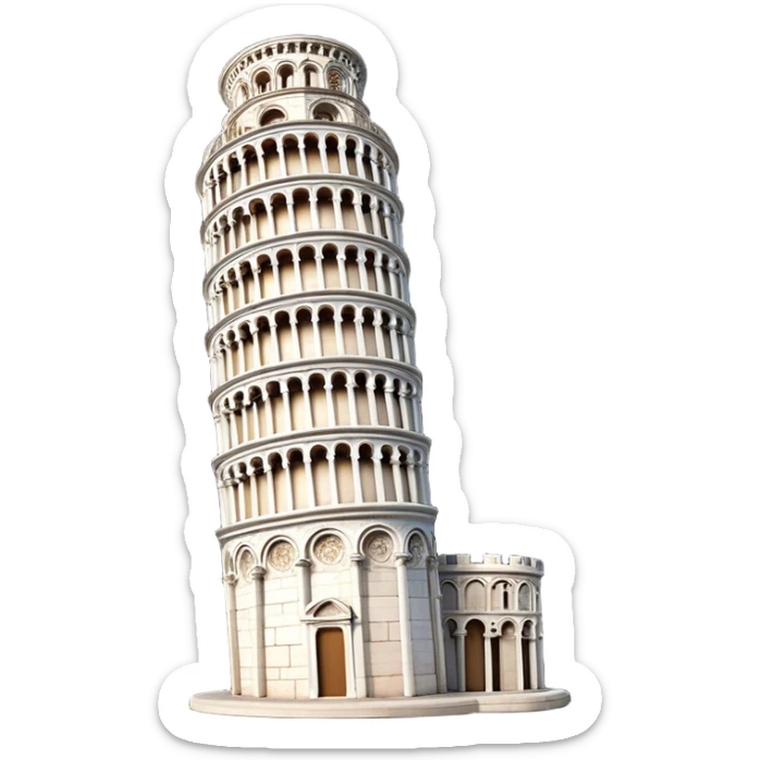Cinematic Realistic Leaning Tower of Pisa Landmark Emoji, showcasing the iconic medieval tower with intricate stonework rendered with dynamic lighting and detailed textures. sticker