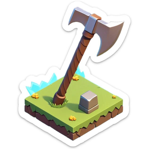 Clash of Clans aesthetic: Cinematic Playful Pixel 3D isometric Pickaxe Emoji, rendered in a 3D vector-style similar to standard emojis with minimal shading and bold, simplified shapes. A compact, distinct form with signature details, softly glowing with a pixelated adventure charm. Simplified yet unmistakably iconic, highly detailed and consistent, glowing with a soft radiance and high shine. Stylized with a touch of classic pixel-art charm and a soft glowing outline, capturing the essence of a beloved gaming relic with a friendly, playful manner! sticker