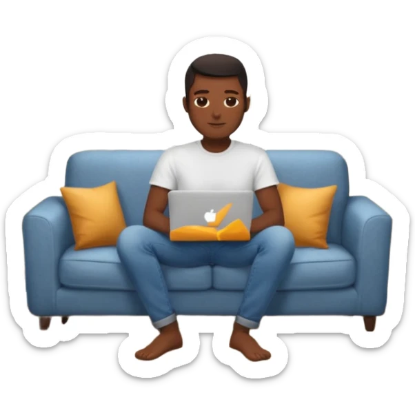 Homme développeur de teint noir, assis dans un coin cosy de son salon un week-end, ordinateur portable ouvert affichant du code. Lumière naturelle douce, ambiance calme. Habillé simplement (t-shirt clair, jean ou short), tasse de café/thé à côté. sticker