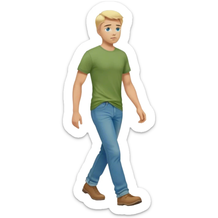 A cinematic realistic blond man with blue eyes, dressed in wide jeans and a green T-shirt, is walking sticker