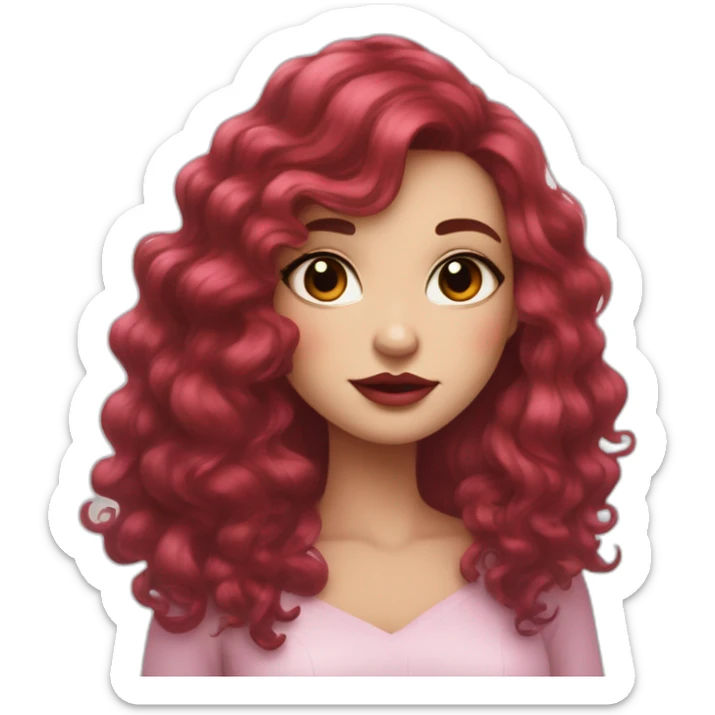 A woman with long curly dark red hair and long eyelashes, black eyes, pink cheeks, red lips, holds a short hair and black & white border collir sticker