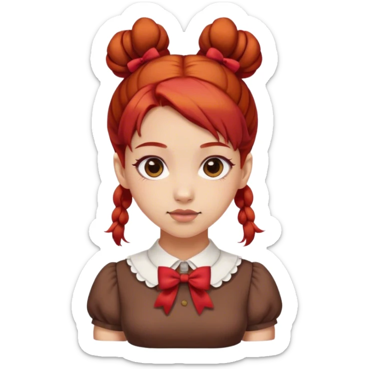 school girl with  2 bunns bow red hair  in brown dress  sticker