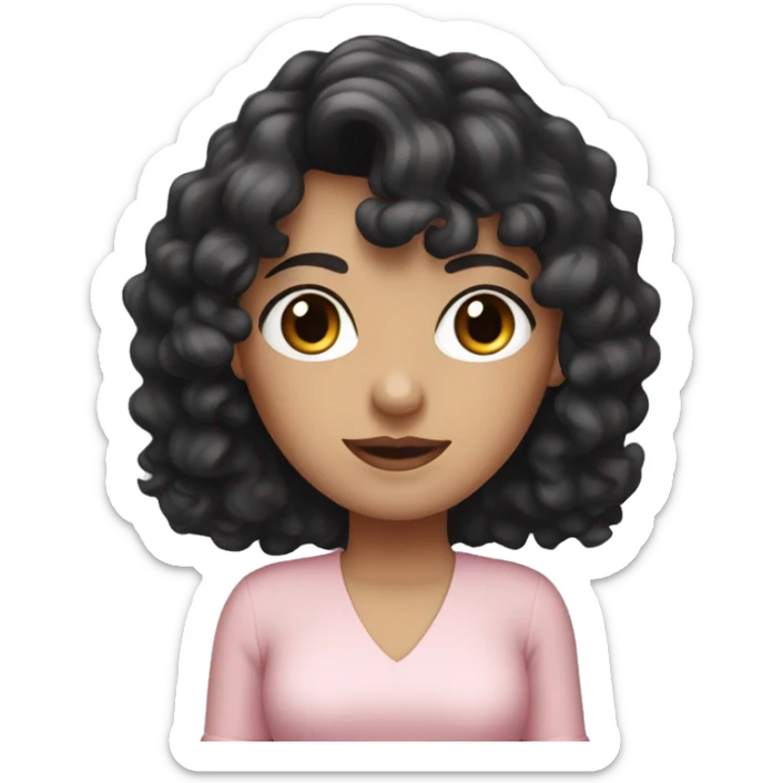 White woman with long black curly hair and bangs and dark brown eyes, wearing a pastel pink dress sticker