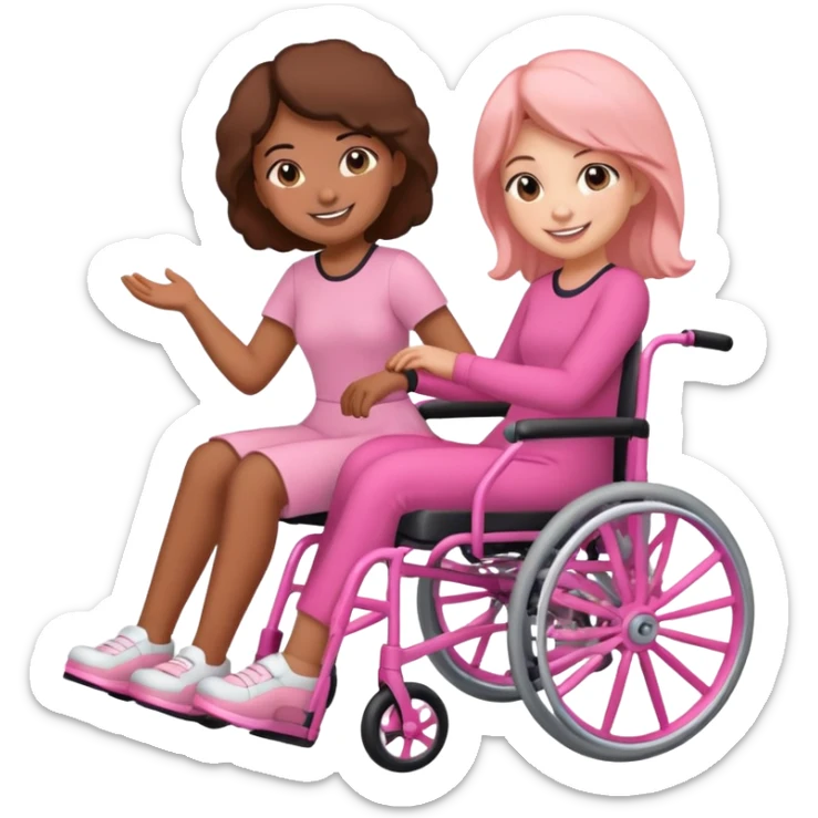 One peach skin sister pushing her brown skin sister in a pink wheelchair sticker