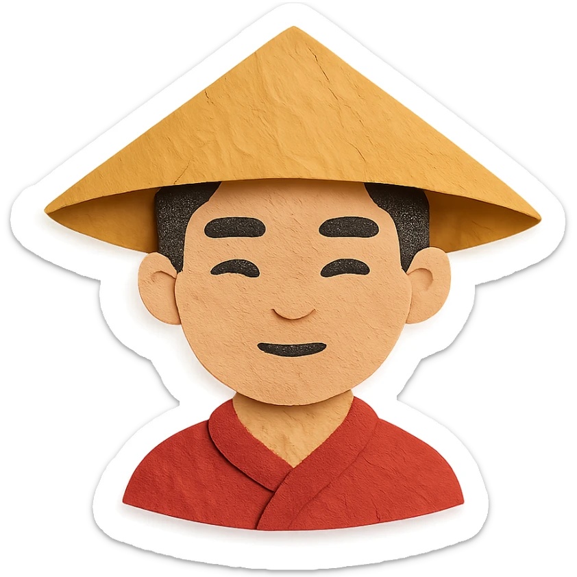 young Asian man with a rice hat sticker