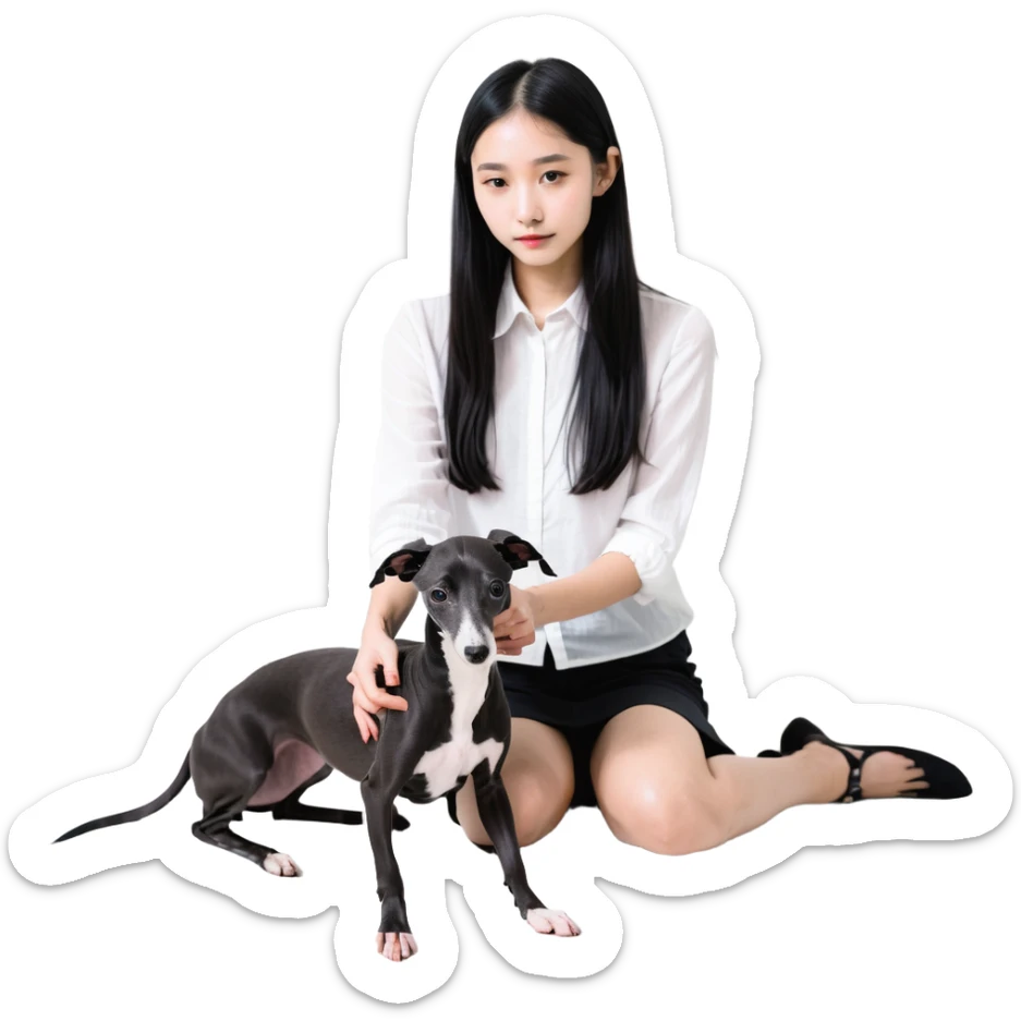 Slim Chinese girl with long black hair petting completely dark grey Italian greyhound with absolutely no white markings anywhere sticker