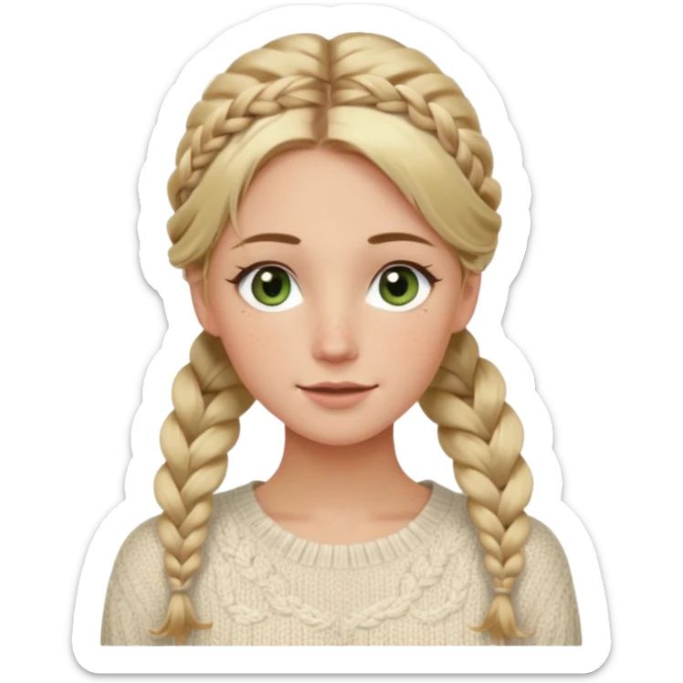 dirty blonde hazel/green eyes woman with a white cable knit sweater and one braid down her back  with tendrils of hair flowing down her face and she is happy pale, some freckles, blush. she has a cateye wing and long lashes sticker