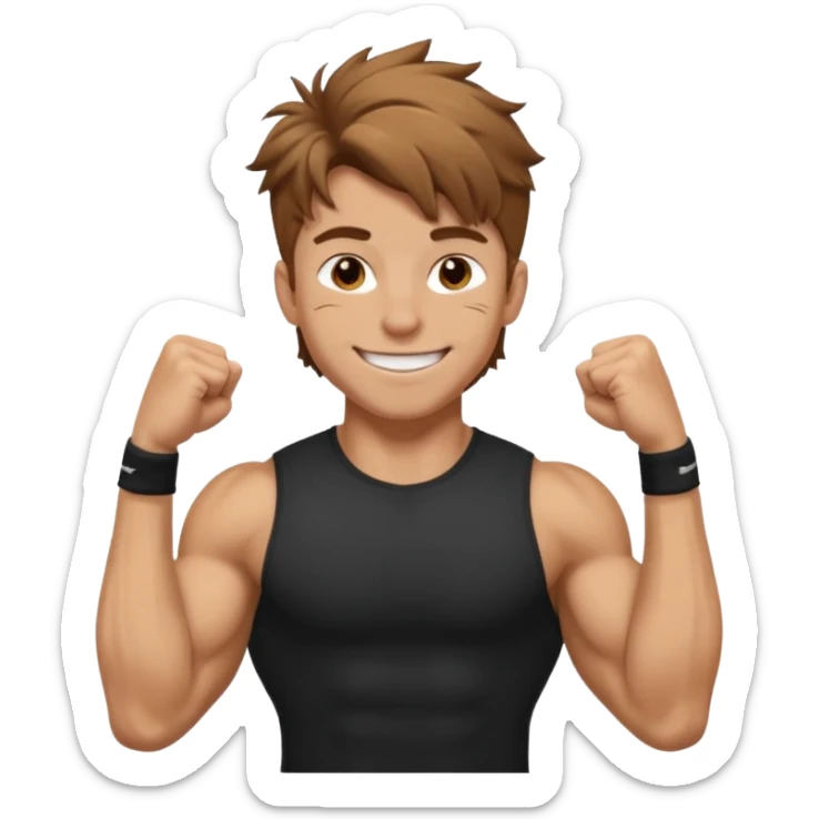 Gym rat with light brown hair and black t shirt, and messy hair. And muscular ,and happy a little sticker