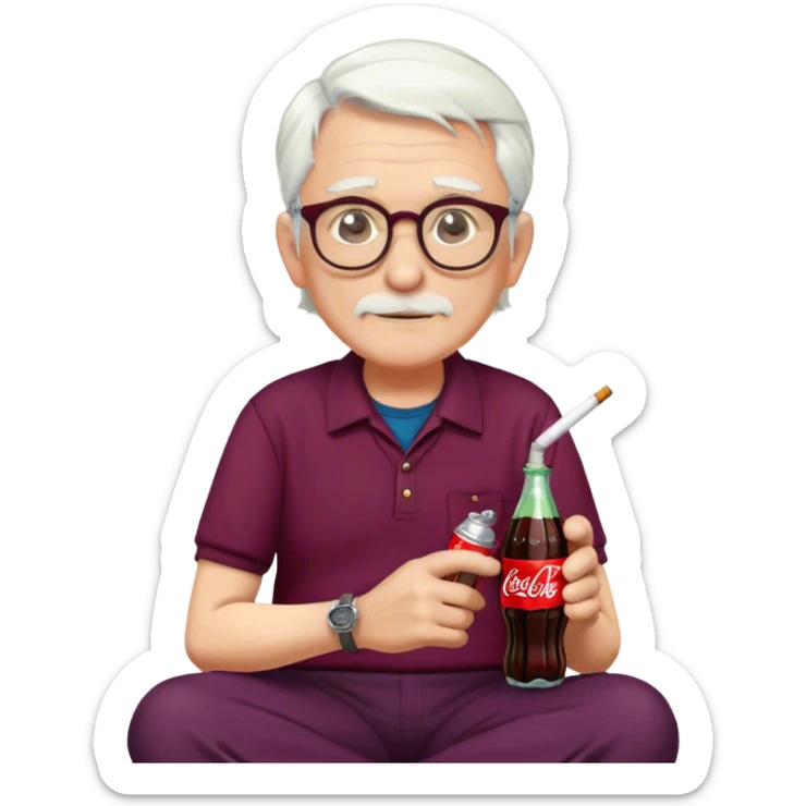 Older man with white hair, glasses, red college shirt, dark plum colored trousers, has a cap on and a clock on his wrist, sitä with cigarette and coca-cola bottle sticker
