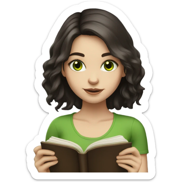 Girl with green eyes, shoulder length dark brown hair, pale skin, reading a book  sticker