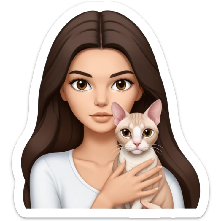 brunette Kendall Jenner with long hair holding on the hands a white Sphynx cat sticker