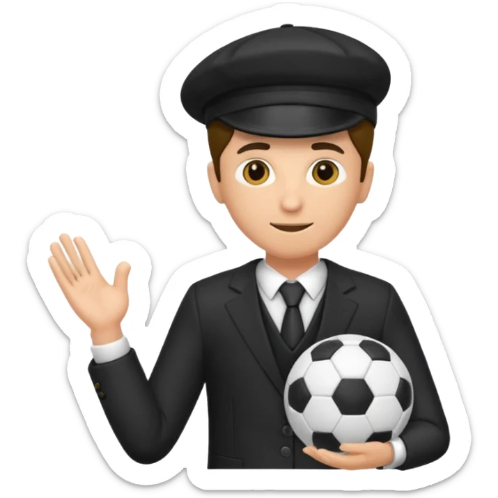 Director tecnico de futbol, con un traje negro, gorra y un balon de futbol bajo el brazo sticker