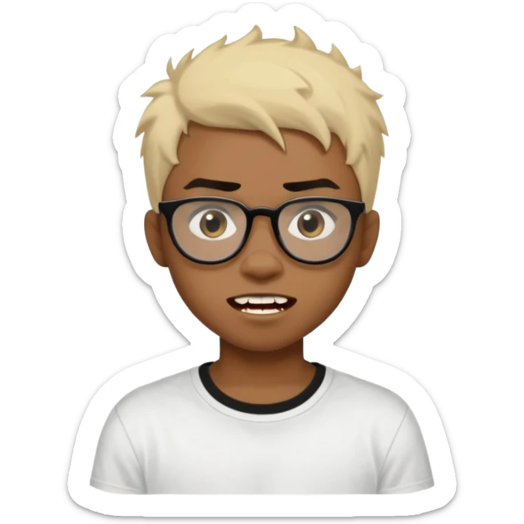 Black Male Teenager with Short punk messy blonde hair, Dark brown bushy eyebrows large expressive golden-brown eyes, wearing a plain white t-shirt, wearing thick black glasses, Dark Brown skin color. vampire tooth sticker
