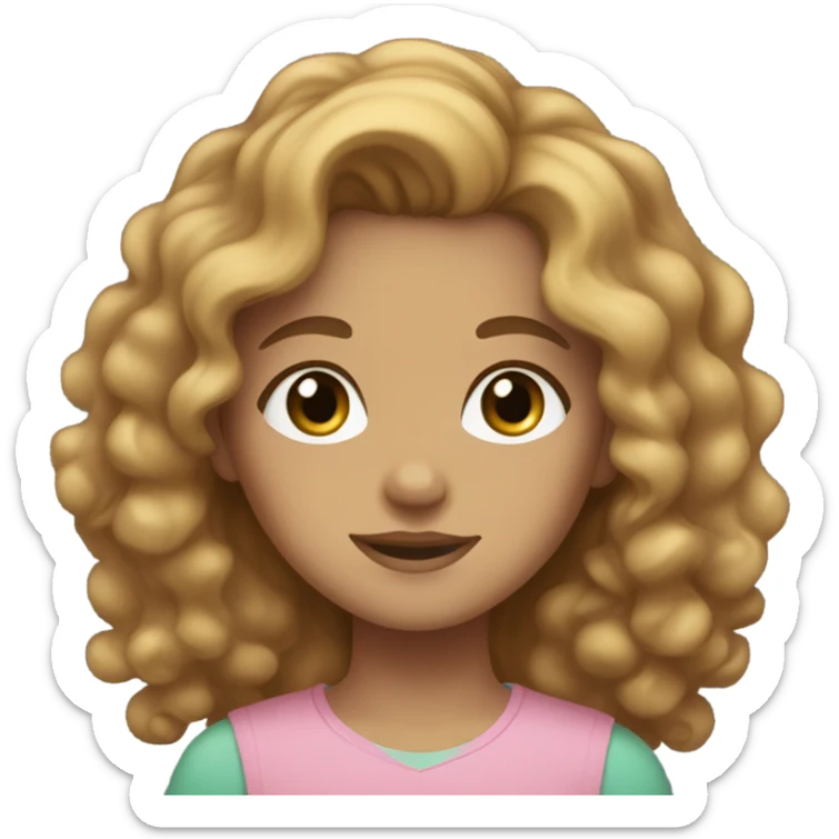 Girl with light brown curly hair, Blue/green eyes, a light tan and a pink shirt sticker