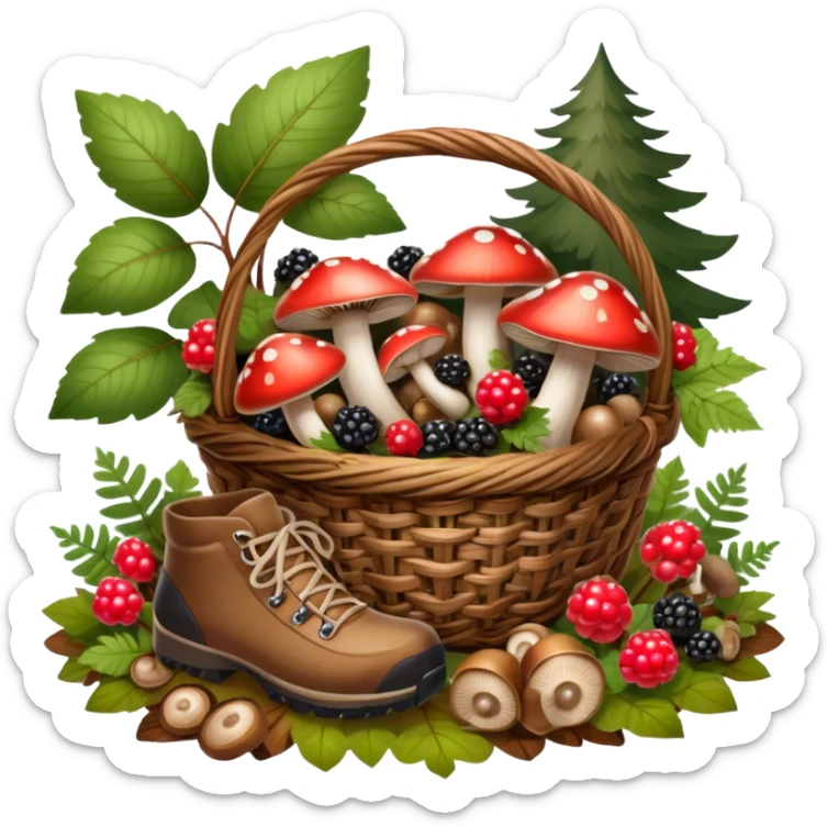 Icon for Mushroom and Berry Tourism: a basket filled with mushrooms and berries, surrounded by forest elements like trees, leaves, and a hiking boot. The icon should capture the joy of foraging in nature. Transparent background. sticker