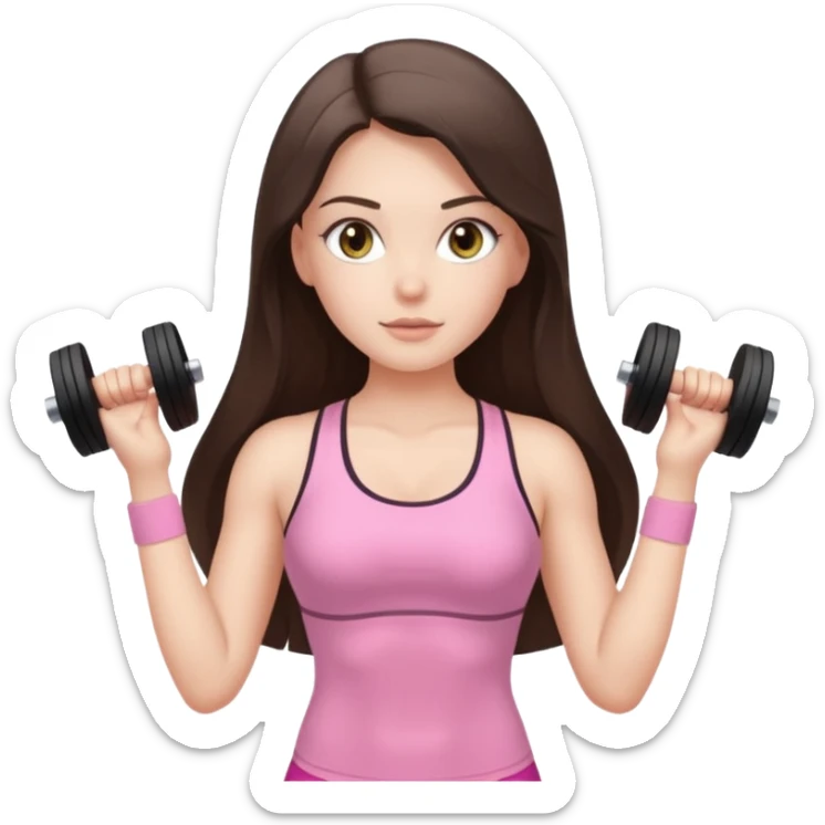 white brunette girl long hair with hazel eyes in light pink workout with hourglass shaped body sticker