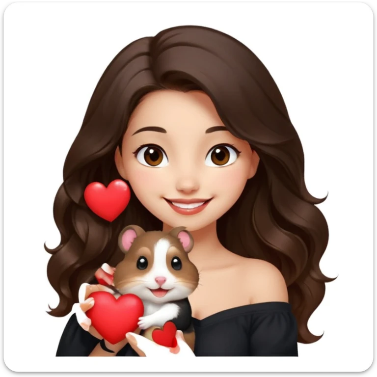 modern clean emoji of a young woman with medium skin, long wavy dark brown hair, black off-shoulder top, soft friendly smile, expressive warm eyes, playful hamster on her shoulder winking and holding a tiny red heart, cheerful charming confident style, subtle gradient background sticker