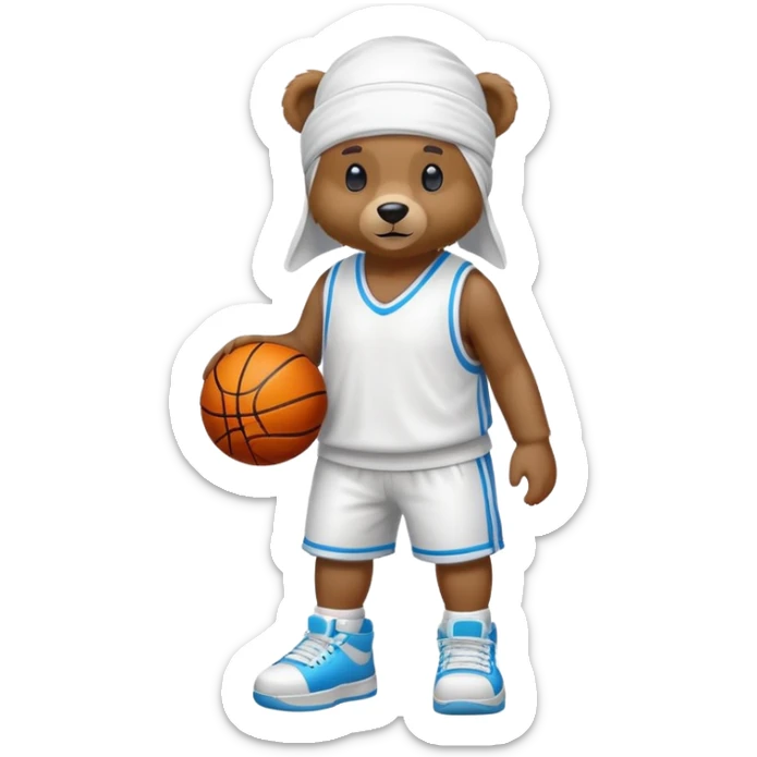Full-body standing brown bear wearing a white durag on its head and cool colorful basketball sneakers on its feet, cute emoji style sticker