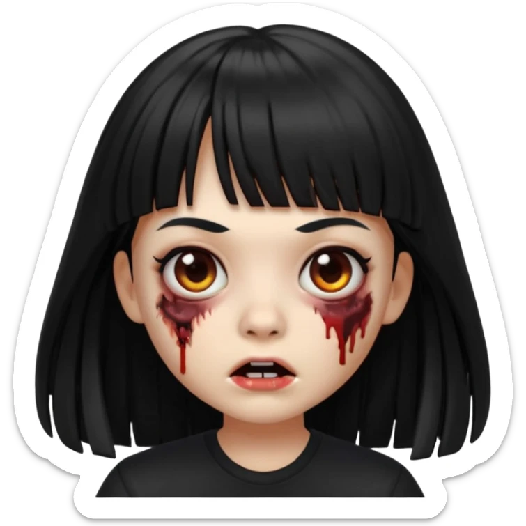 A zombie girl in Apple Memoji format with long, straight black hair with bangs, wearing a black shirt. sticker