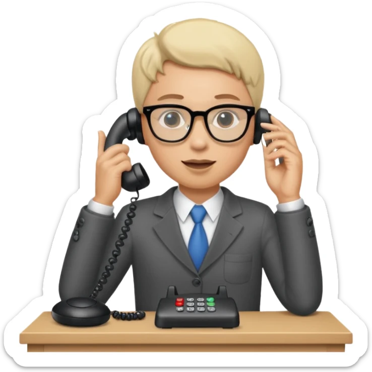 person standing at a desk, holding a telephone receiver to their ear, suggesting a phone call. sticker