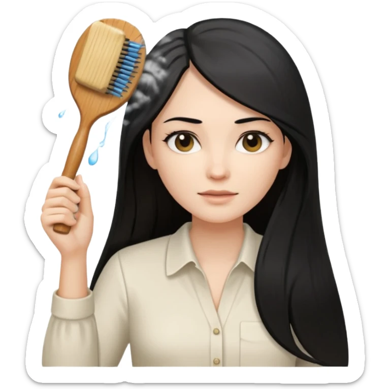 A white woman with long, straight black hair, wearing an ivory-colored shirt, holding a wooden paddle hairbrush in her left hand and spraying a hair mist bottle with her right hand toward her hair. sticker