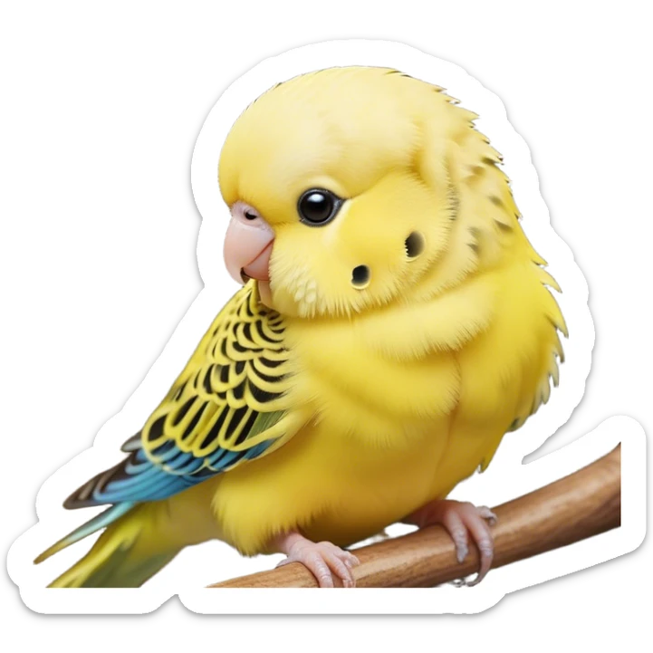 Cinematic Cute Yellow Budgie Portrait Emoji, Head tilted playfully and inquisitively, featuring a radiant yellow feathered fur with a natural sheen, round, sparkling dark eyes filled with curiosity, Simplified yet irresistibly adorable features, highly detailed, glowing with a warm, friendly glow, high shine, affectionate and lively, stylized with a touch of whimsy, bright and endearing, soft glowing outline, capturing the essence of a mischievous yet loving budgie, so playful it feels like it could chirp out of the screen and into your arms! sticker