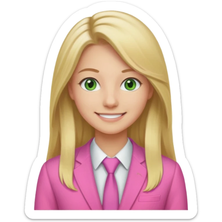 long blonde hair, real estate broker, 20, smile, green eyes, pink corporate clothes sticker