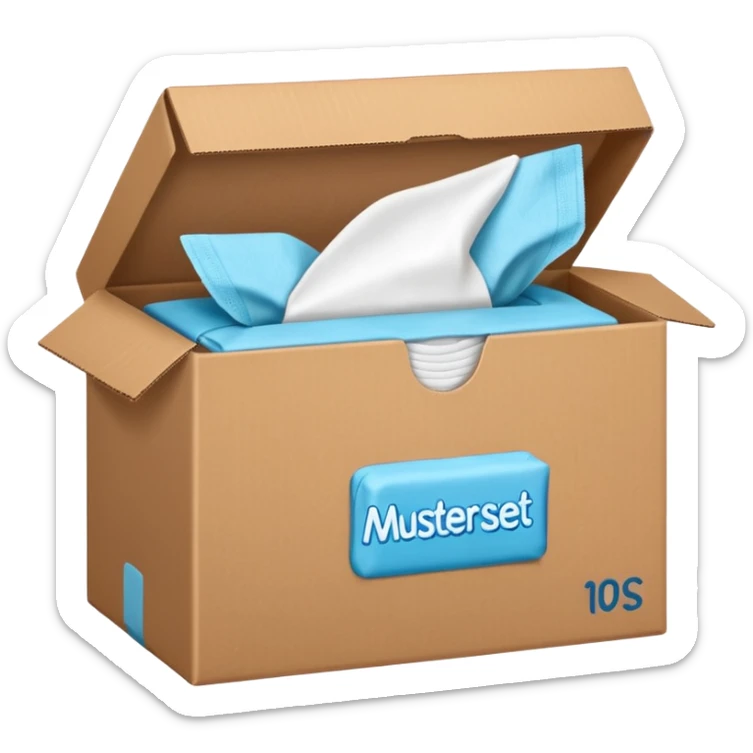 ein brauner karton aus dem frauenbinden rausschauen mit der beschriftung "musterset" sticker