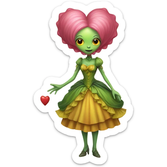 a green alien woman in Victorian orange and jellow dress, pink hair,holdig, red big hearth, full body sticker
