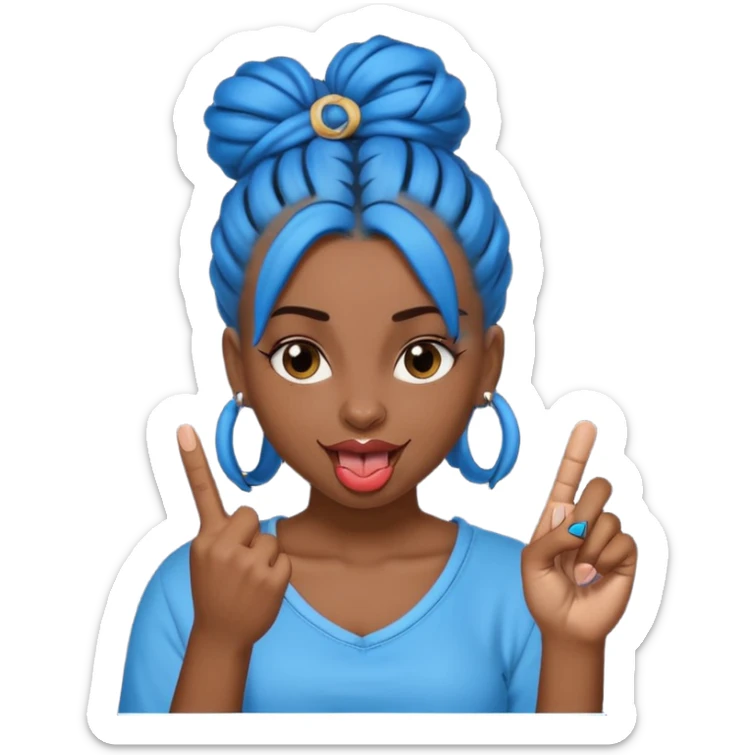 brown girl with blue locs in a bun with tongue out giving middle finger sticker
