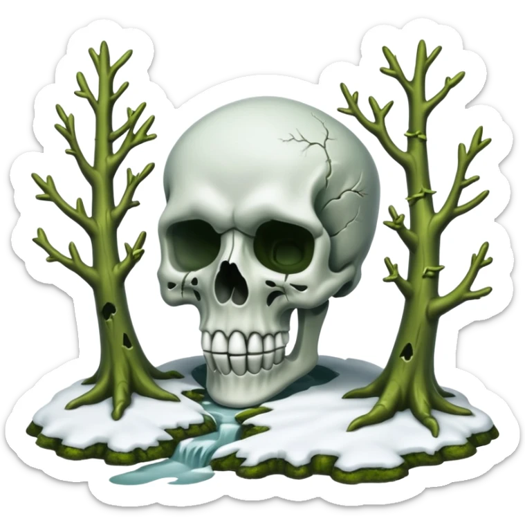 A surreal Alaskan snow covered landscape with mossy trees, in the style of your bleeding skull art. sticker