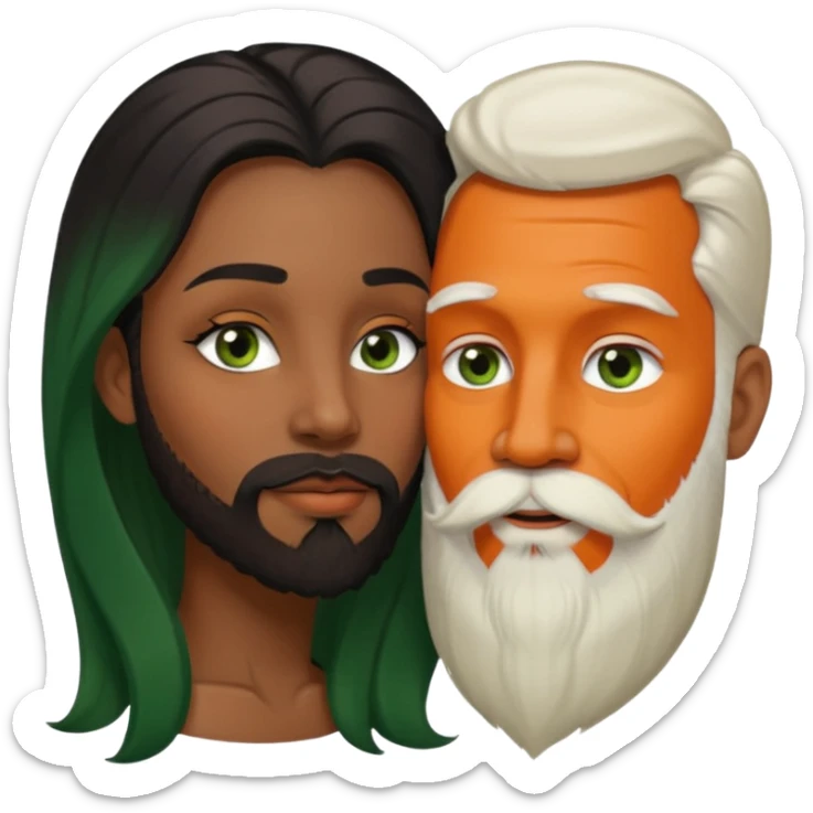 Brown eyed ebony black woman with brown eyes and long balayage brown/black hair.  She is kissing bald white man. The White man is 47yrs old, pale, he has green eyes has orange facial hair and long beard  sticker
