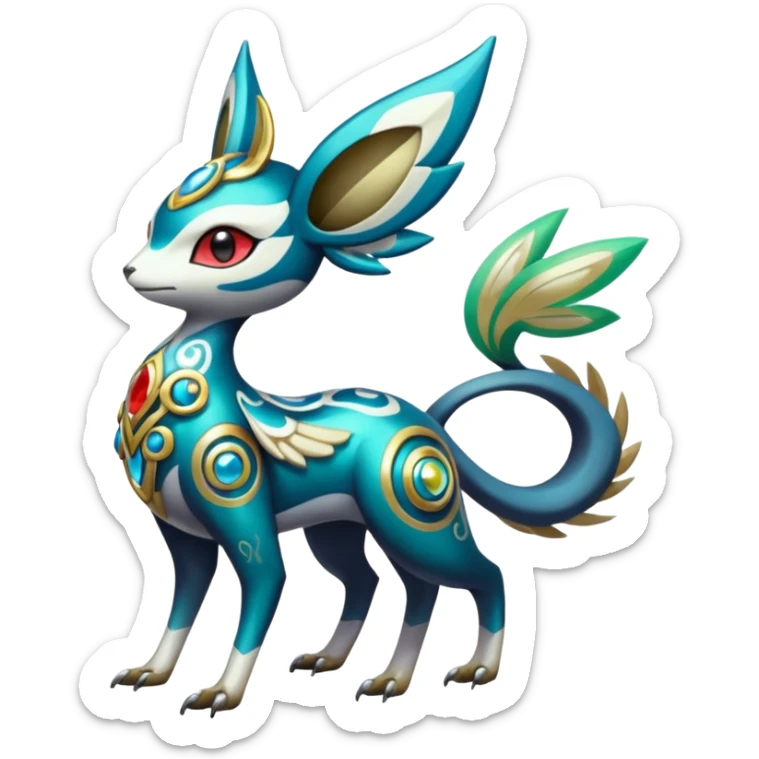Shiny Colorful Futuristic Ornate Painted Asian Vernid-Trico-Meloetta-Latias-Koraidon-Peppercat-Protogen-Pokémon-Digimon-Fakémon-fusion-hybrid-creature sticker