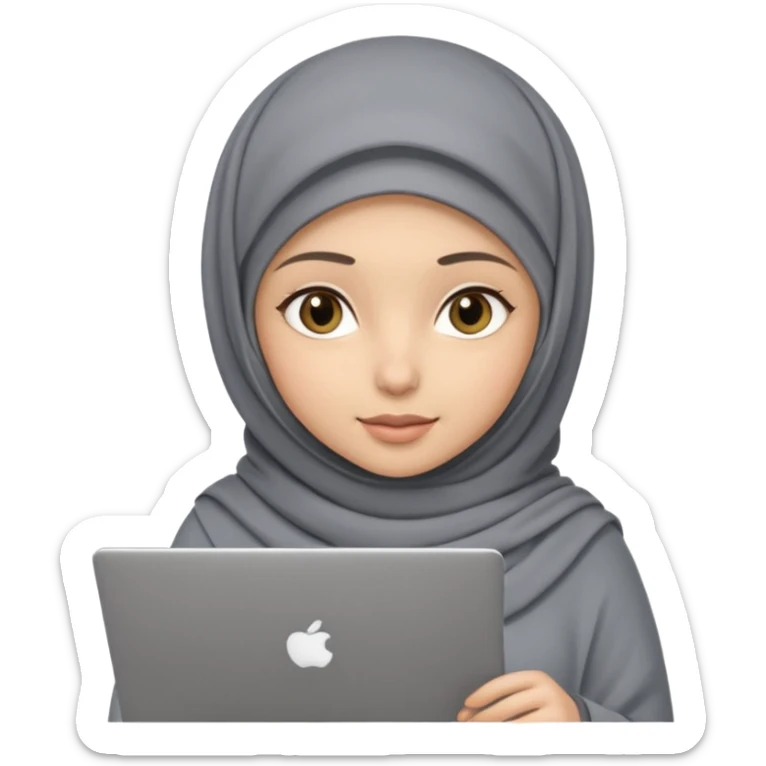 A girl wearing a gray hijab and with hazel eyes is carrying a laptop, not a laptop, just a regular laptop. Not mat bock  sticker