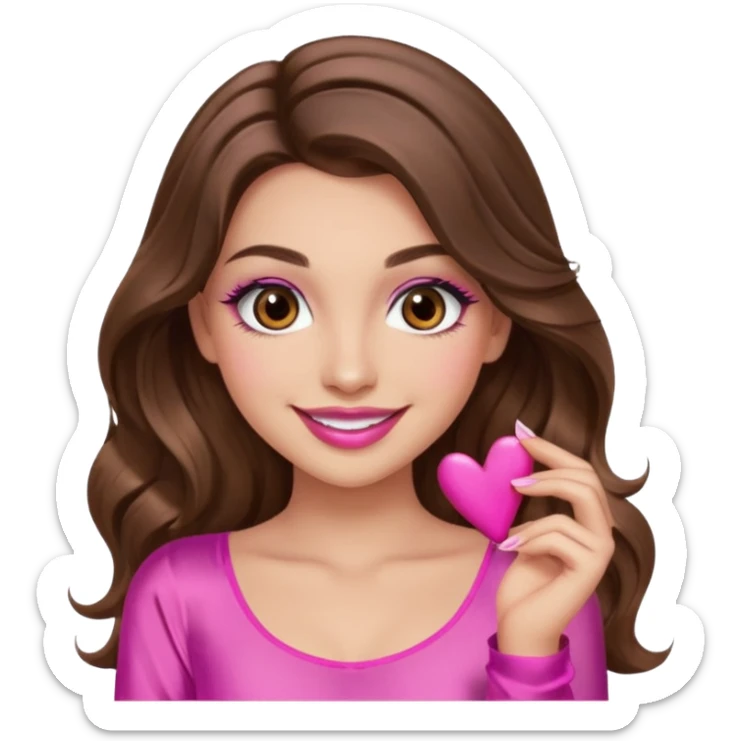 girl with long wavy brown hair, brown eyes, long lashes makeup, sexy pink lips, light to medium complexion, wearing a pink sexy silk top, smiling sticker
