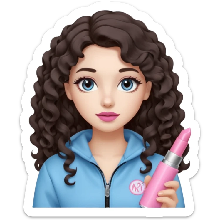A girl with long dark brown hair styled in loose 36mm curls, round-almond Douyin-style eyes with long curled lashes, cool-tone neutral makeup. She’s wearing a light-blue athletic outfit and holding a normal-size pink lipstick (not oversized) in one hand. sticker