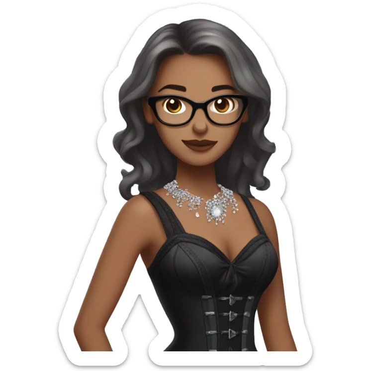 Girl with shoulder length hair and glasses wearing a long black dress with a rhinestone coveted corset top dancing, brown straight hair and grey eyes  sticker
