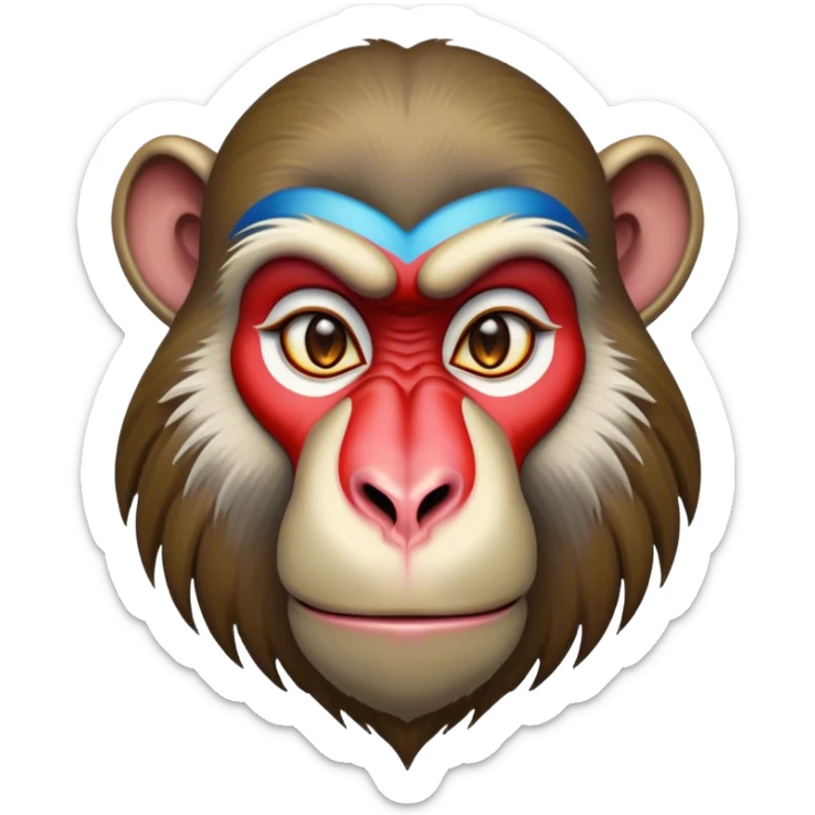 Cinematic Noble Mandrill baboon Portrait Emoji, Poised and regal, with a striking, powerful build and a vivid, deep-set soulful eyes, Simplified yet sharp and sophisticated features, highly detailed, glowing with a vibrant, dignified glow, high shine, intelligent and commanding, stylized with an air of exotic majesty, focused and attentive, soft glowing outline, capturing the essence of a watchful and confident primate, so majestic it feels as though it could step out of the screen with effortless authority! sticker