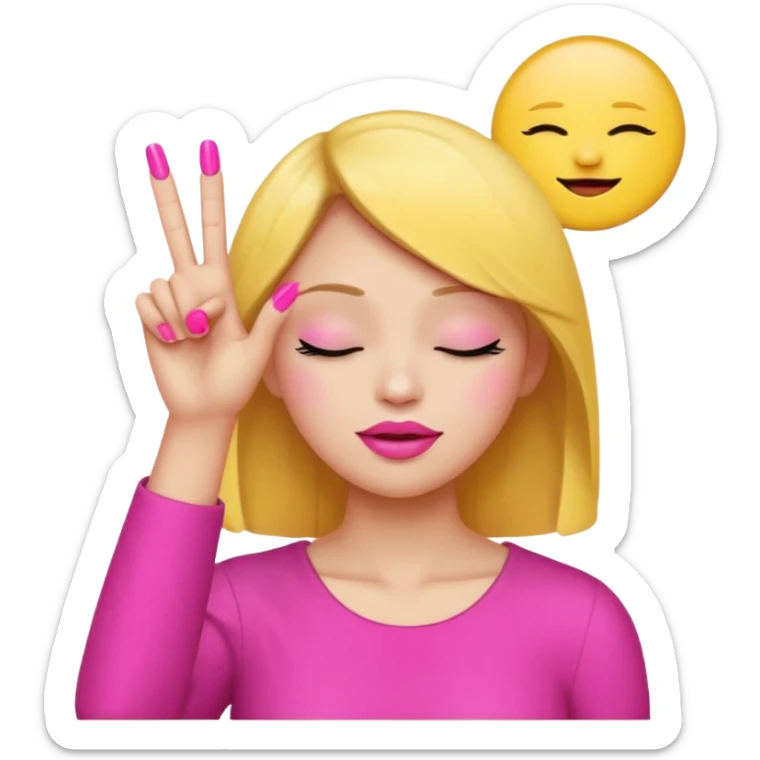 Yellow circle emoji sighing and drumming fingers up the side of their head the eye is closed it is a side profile pink lipstick and pink nails sticker