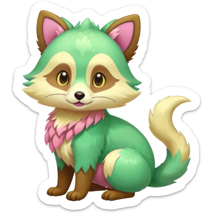 Colorful brown with rose-pink, yellow-beige-cream, jade-green tropical exotic shiny beautiful fantasy-Vernid-Cacomistle-animal-Fakémon-hybrid-fursona (full body) sticker