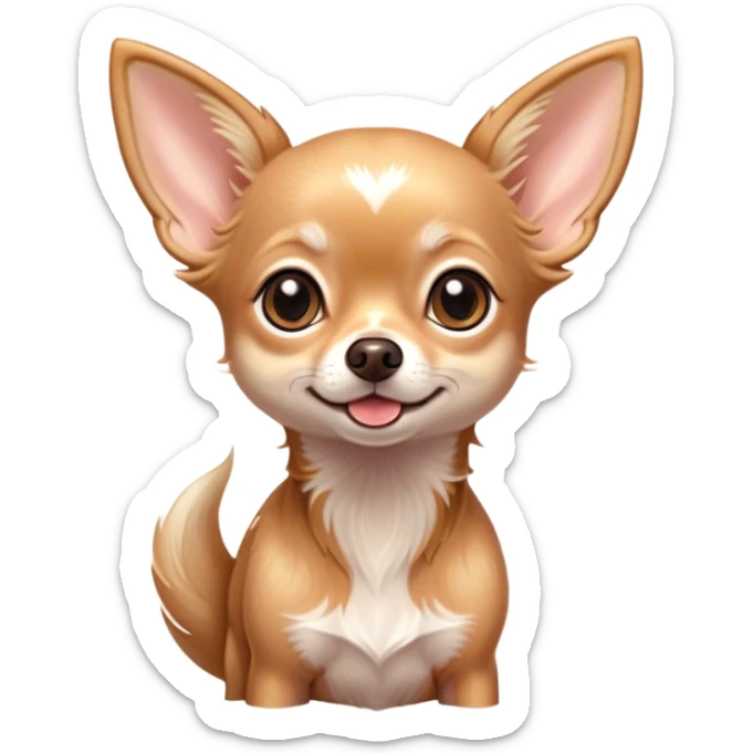 Cinematic Cute Long Haired Fawn Chihuahua Portrait Emoji, Head tilted playfully and inquisitively, silky long fawn hair with gentle highlights, round, sparkling dark eyes filled with curiosity, Simplified yet irresistibly adorable features, highly detailed, glowing with a warm, friendly glow, high shine, affectionate and lively, stylized with a touch of whimsy, bright and endearing, soft glowing outline, capturing the essence of a mischievous yet loving companion, so playful it feels like it could prance out of the screen and into your arms! sticker